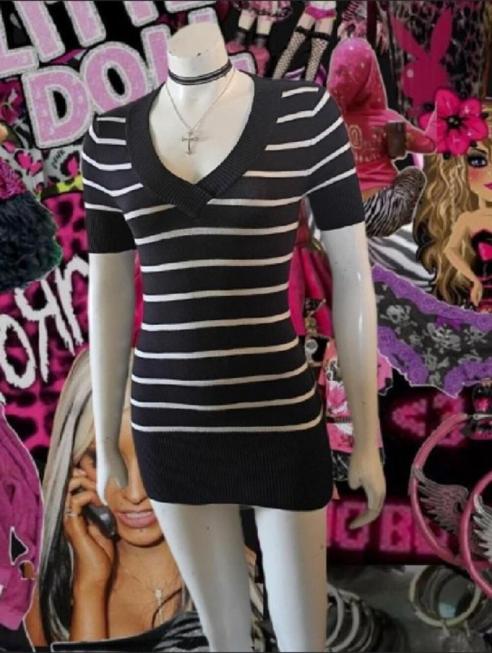 Y2K Dots Black & White Striped V-Neck Short Sleeve Sweater Tunic